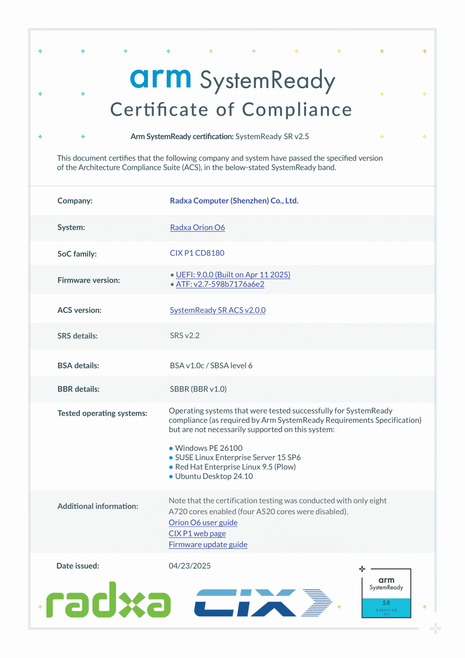 Сертификат Arm SystemReady SR (ServerReady) v2.5 для Radxa Orion O6