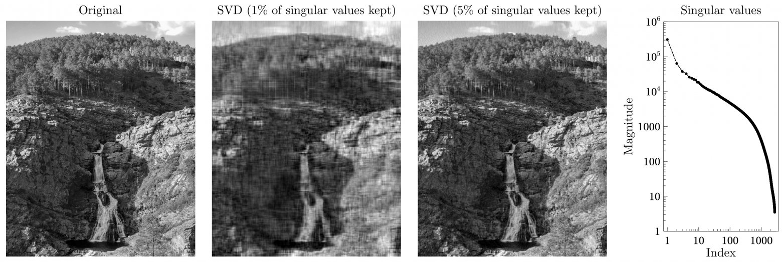 Пример использования сингулярного разложения для восстановления изображения. Источник: arxiv2304.13395
