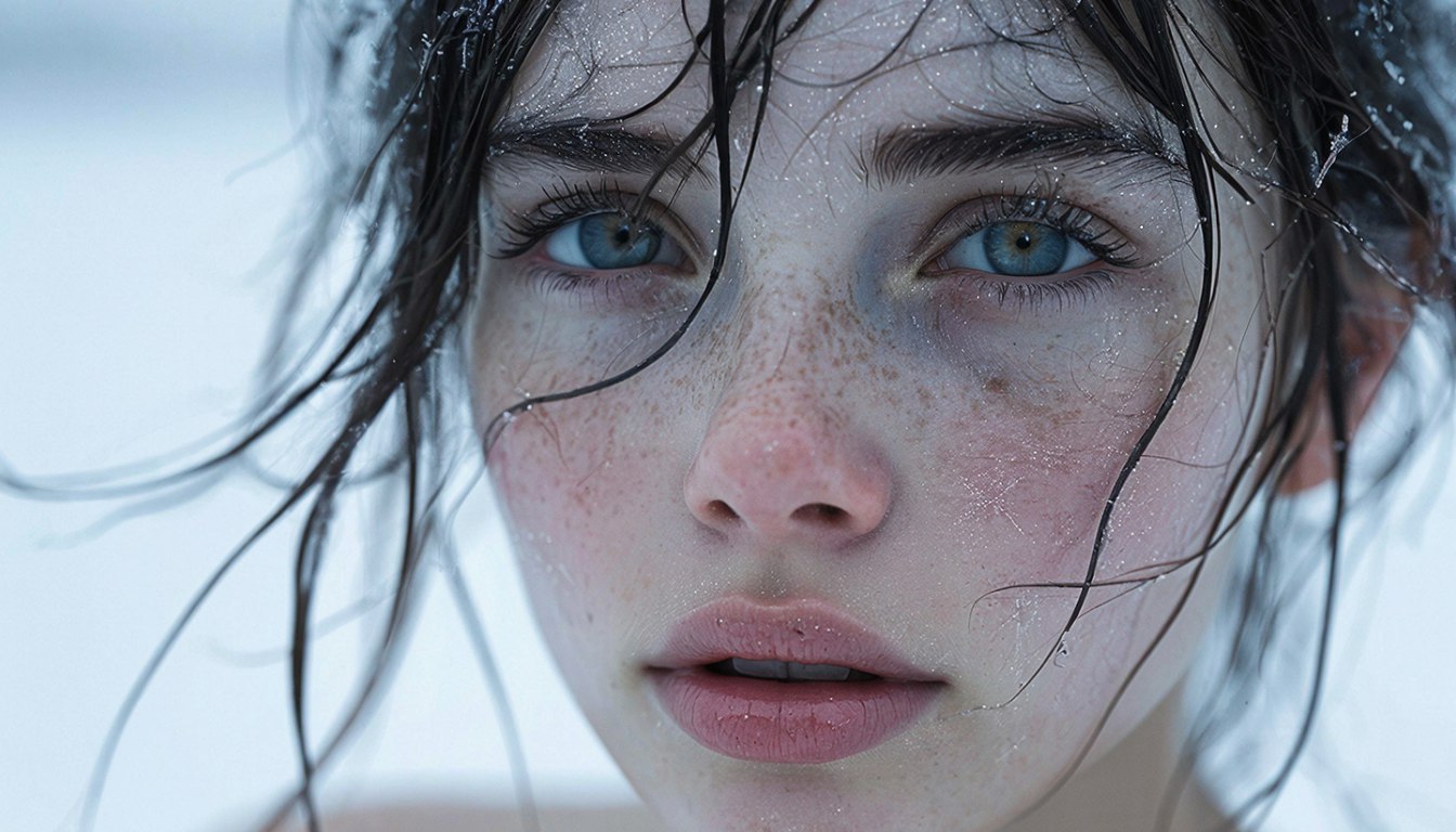 Фотореалистичное изображение бледной сероглазой брюнетки на морозе. Текстура кожи должна включать такие детали, как поры, родинки, веснушки и блестки на веках. Лицо должно иметь различную степень блеска, а передовые методы рассеивания света должны имитировать полупрозрачность кожи. Волосы должны выглядеть как влажные пряди с разной степенью прозрачности и блеска. Глаза должны включать тонкие детали радужной оболочки и блики, отражающие окружающие предметы. На лице добавьте небольшую асимметрию, чтобы отразить естественные вариации. Губы должны иметь четкое разделение на сухие и влажные участки. Освещение должно создавать мягкие тени, подчеркивающие черты лица, с эффектами окружающего света, тонко отражающимися на коже. Изображение должно быть снято так, как если бы использовалась диафрагма 85 мм, размытая для акцента на четко сфокусированном объекте.