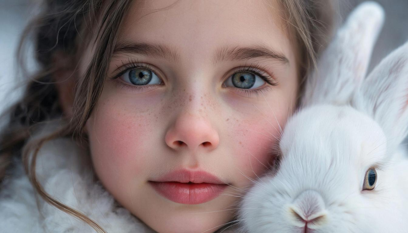 Фотореалистичный снимок сероглазой девочки, прижимающей к себе белого зайчонка на морозе, запечатлевшее мельчайшие детали человеческого тела. Текстура кожи должна включать такие детали, как поры, родинки, веснушки и румянец на щеках. Передовые методы рассеивания света должны имитировать полупрозрачность кожи. Волосы должны выглядеть как тяжелые косы с разной степенью прозрачности и блеска. Глаза должны включать тонкие детали радужной оболочки и блики, отражающие окружающие предметы. На лице добавьте небольшую асимметрию, чтобы отразить естественные вариации. Губы должны иметь четкое разделение на сухие и влажные участки. Освещение должно создавать мягкие тени, подчеркивающие черты лица, с эффектами окружающего света, тонко отражающимися на коже. Изображение должно быть снято так, как если бы использовалась диафрагма 85 мм, размытый фон и фокус на лице девочки и мехе зайчика