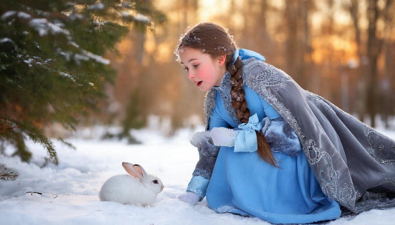 Ультрареалистичная кинематографическая сцена снятая в золотой час на закате в засне��енном русском парке XIX века. Молодая гимназистка замерла посреди вечнозелёного леса, наклонившись над белым зайчонком сидящим в снегу с искренним восторгом и детской радостью. На гимназистке — длинное голубое шерстяное платье с бархатными манжетами и высоким воротником, поверх — серая каракулевая шубка с аккуратной вышивкой серебряной нитью и такая же каракулевая шапка. Её длинная толстая русая коса, перевязанная лентой в тон платью, тяжело лежит на плече. Лицо раскраснелось от холода, но глаза сияют, губы чуть приоткрыты в беззвучном восхищении. На ресницах, бровях и косе — кристально чистые снежинки, каждая из которых отражает тёплый свет заката.