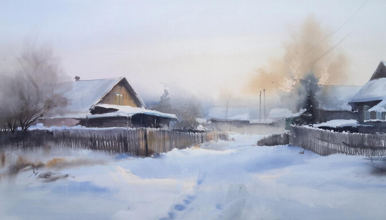 Русская деревня зимой на рассвете в стиле акварельного рисунка с эффектом лёгкого наброска, размытием и открытыми участками бумаги  