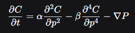 Это динамическое уравнение эволюции активного контура, связывающее скорость изменения контура во времени (∂C/∂t)(∂C/∂t) с тремя силами: упругостью (α⋅∂2C/∂p2)(α⋅∂2C/∂p2), жёсткостью (−β⋅∂4C/∂p4)(−β⋅∂4C/∂p4) и внешним притяжением к границам (−∇P)(−∇P). Уравнение реализует поиск минимума полной энергии методом градиентного спуска и лежит в основе итеративного движения «змеи» к целевым границам изображения.  