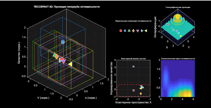 На схеме под названием «Тессеракт 4D: Проекция гиперкуба оптимальности» изображена четырёхмерная визуализация (проекция гиперкуба) в контексте многокритериальной оптимизации.  
