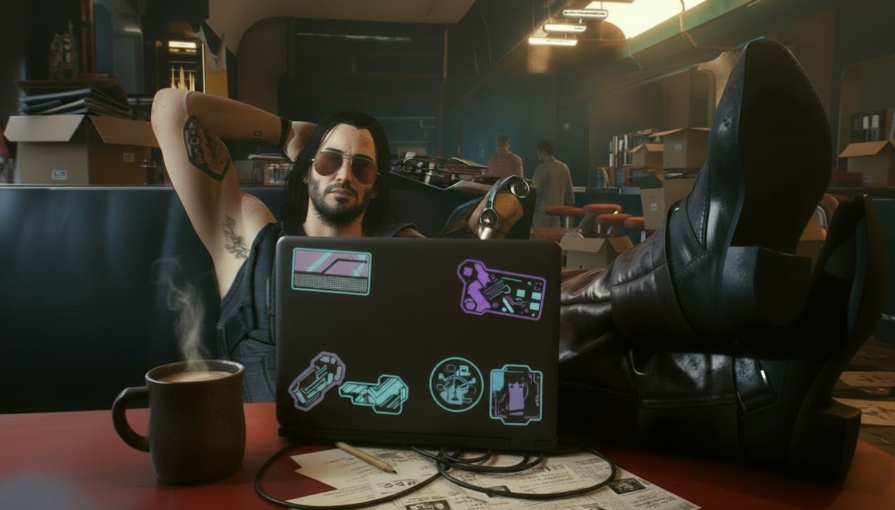 Иллюстрация, созданная с помощью ИИ по мотивам игры Cyberpunk 2077. Оригинальный образ принадлежит компании CD Projekt RED.
