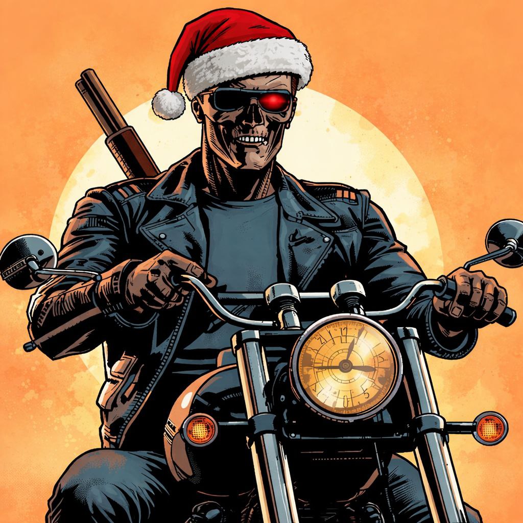 Эту картинку создала нейросеть в канун Нового 2026 года. Поэтому Терминатор в колпачке