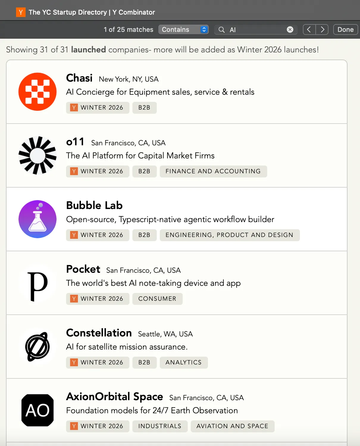 А так, кстати, выглядит текущий набор Y Combinator. На странице с 31 компанией 25 раз упоминается ИИ
