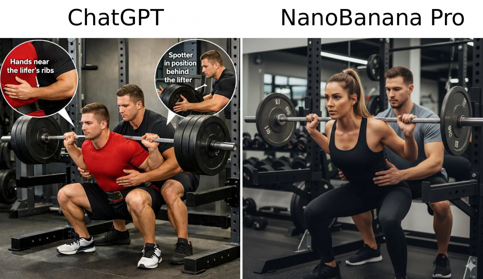 Пример генерации инструкции по страхованию приседаний текущими версиями ChatGPT и Nano Banana (в Gemini). Инструкция слева может убить вас и страхуемого, а также смешивает несколько независимых советов. Справа всё верно