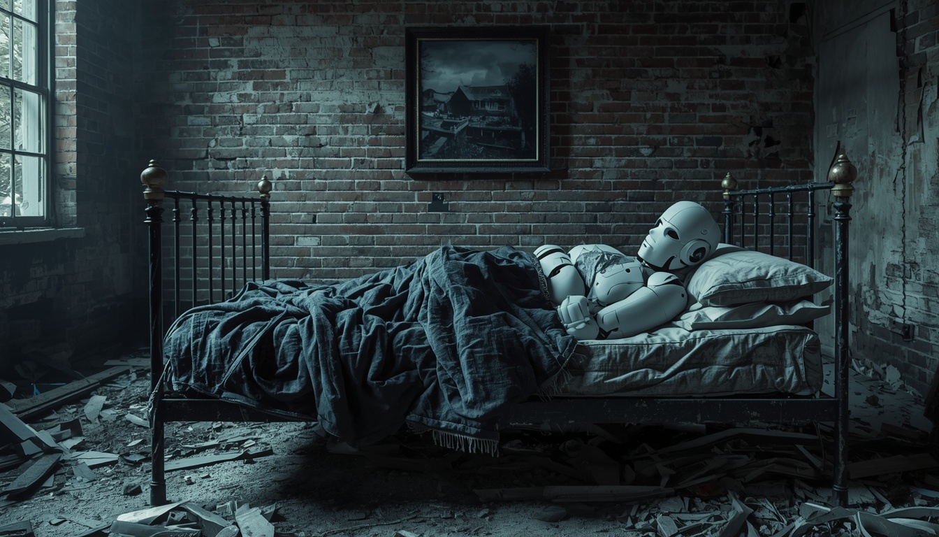 Промпт для генерации: A humanoid robot sleeps on the iron bed in the destroyed house without roof. Background: an old brick wall with a black and white photo in a burnt frame. Style: dark cyberpunk.