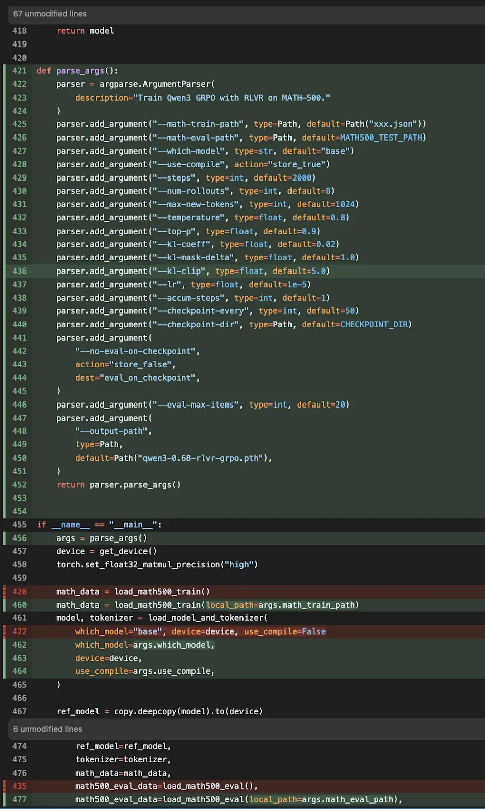 Рисунок 14: Пример добавления аргументов командной строки в скрипт обучения с использованием промпта «Добавь argparse для всех опций гиперпараметров в training-script.py»