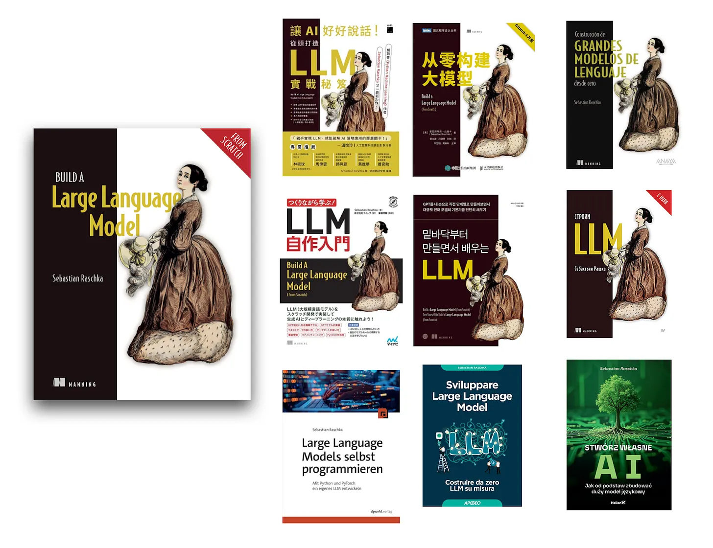 Рисунок 18: Моя книга «Build A Large Language Model (From Scratch)», переведенная на разные языки.