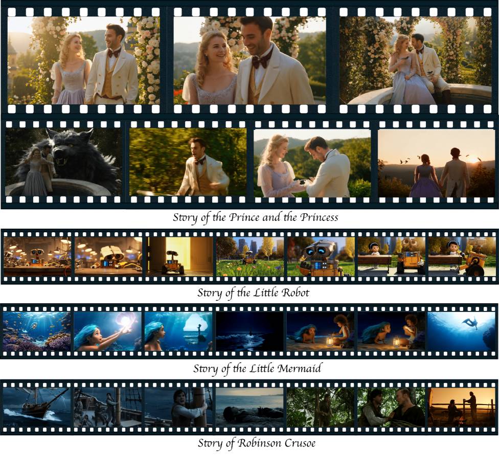 Четыре кинопленки демонстрируют разные сюжетные линии, сохраняя при этом единый визуальный стиль и стабильное изображение персонажей в нескольких сценах