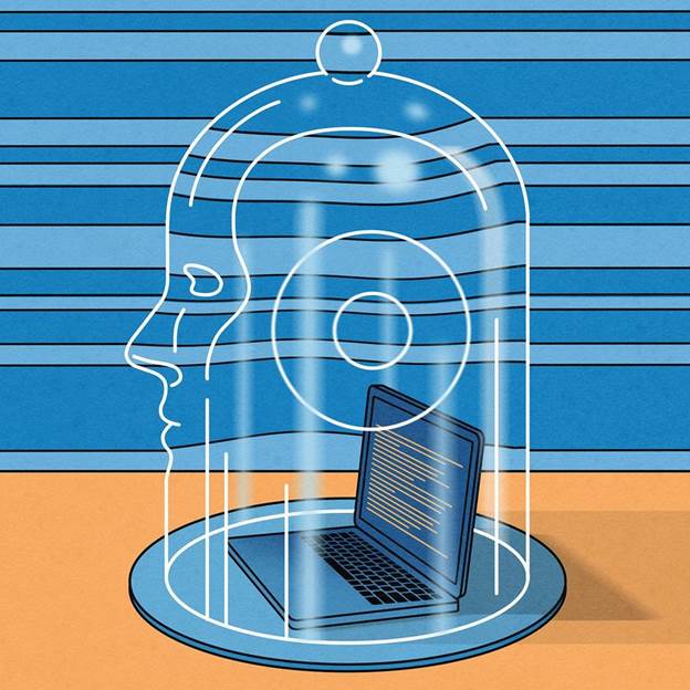 Laptop beneath glass dome shaped like human head on striped orange and blue background.