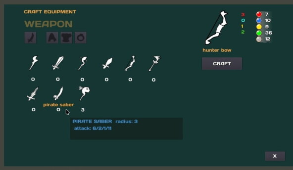 Экран крафта. Кнопки вверху переключают вид экипировки, показывая список доступных предметов этого вида.
