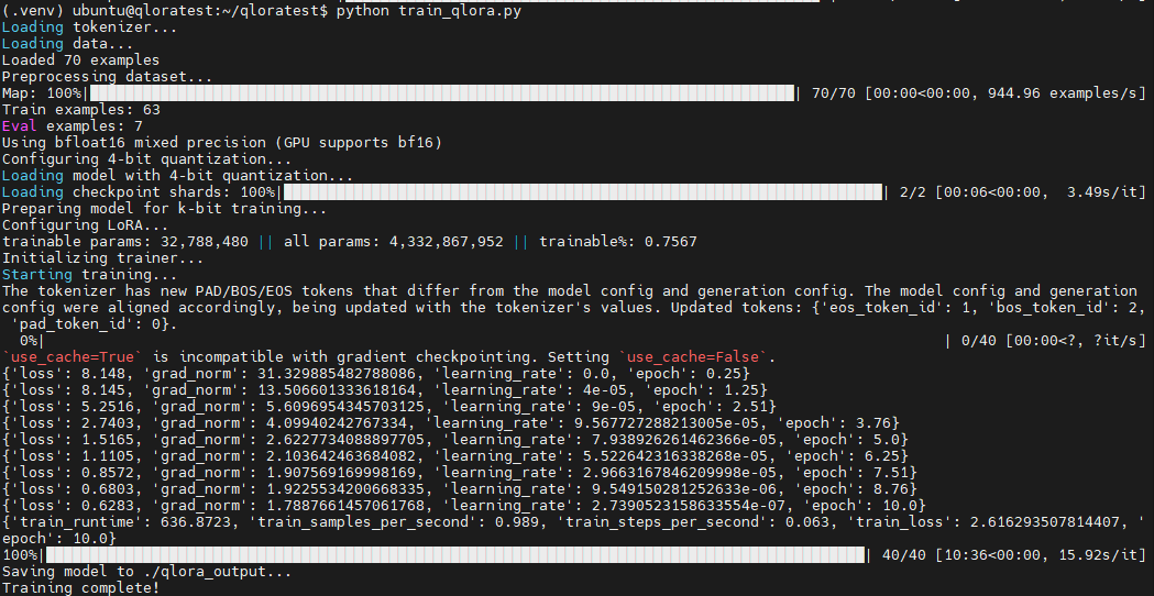Вывод запуска тренировочного скрипта QLoRA. Сплит - 63 тренировочных примера, 7 валидационных. Время тренировки 10:31 (10 эпох).