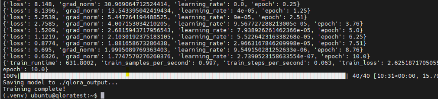 Снижение невязки по мере обучения QLoRA адаптера с 8.148 до 0.6326.