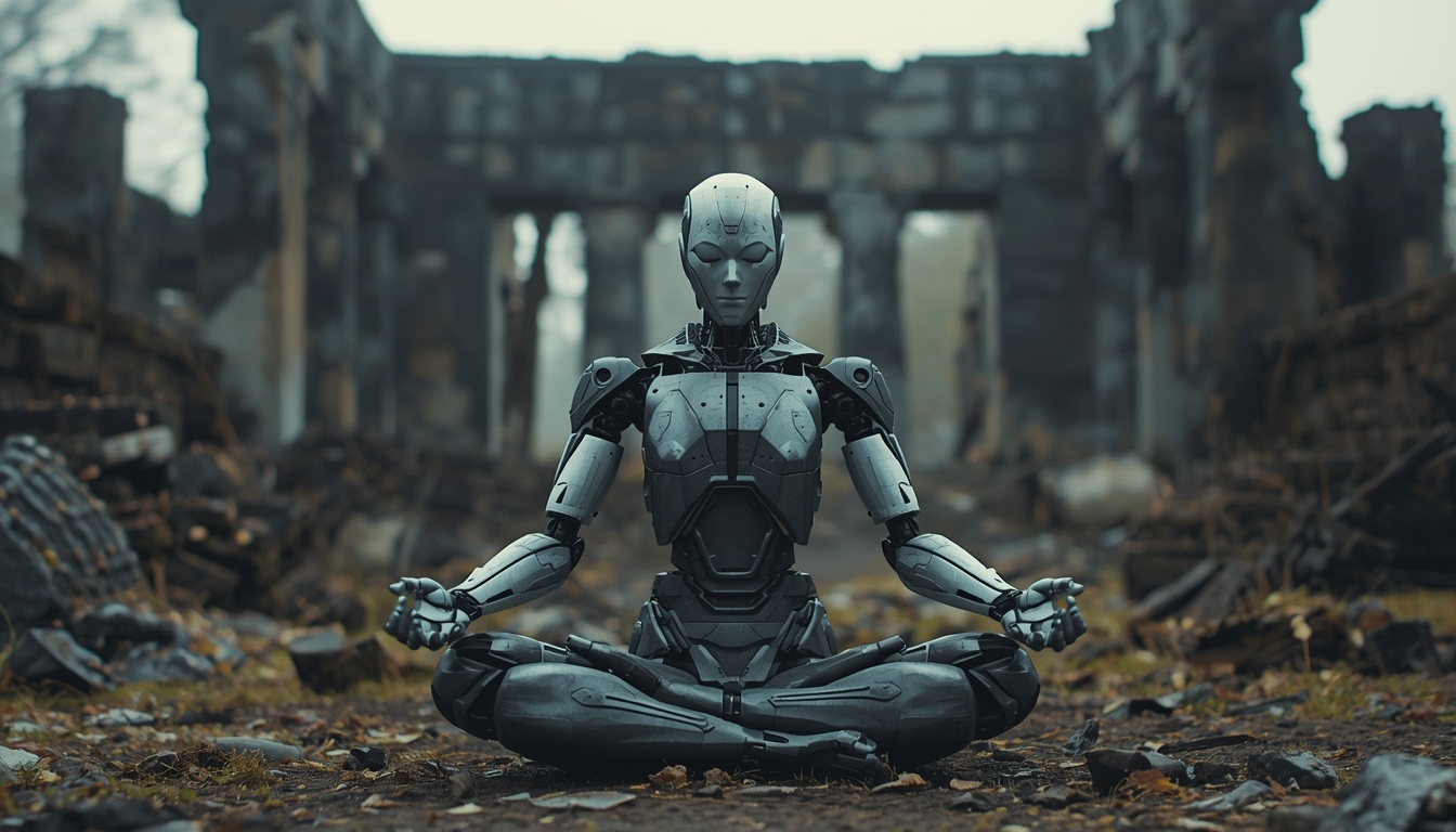 Humanoid robot in a meditation pose. Background: ruined ancient temple.