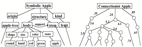 Слева: Символическая модель (четкие правила). Справа: Коннекционистская (веса и связи)  