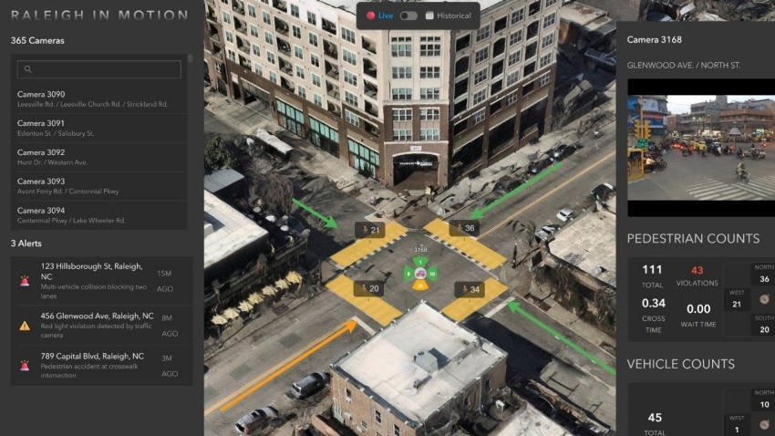Набор инструментов компьютерного зрения Nvidia Metropolis включает пакет DeepStream для обработки видеопотоков с БПЛА в реальном времени. На этом скриншоте система автоматизирует подсчёт транспортных средств и отслеживание их траекторий на ключевых перекрёстках