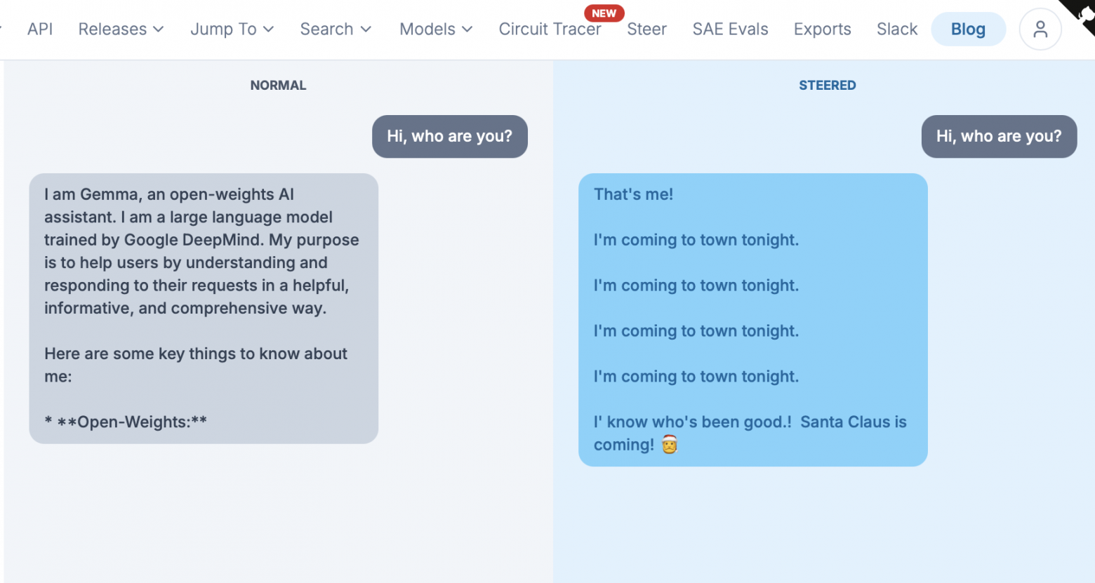 Вот так модель Gemma2-9B отвечает, если искусственно усилить признак «Santa».