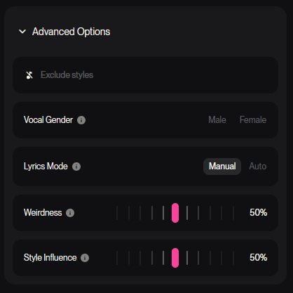 Панель расширенных настроек для генерации трека в Suno
