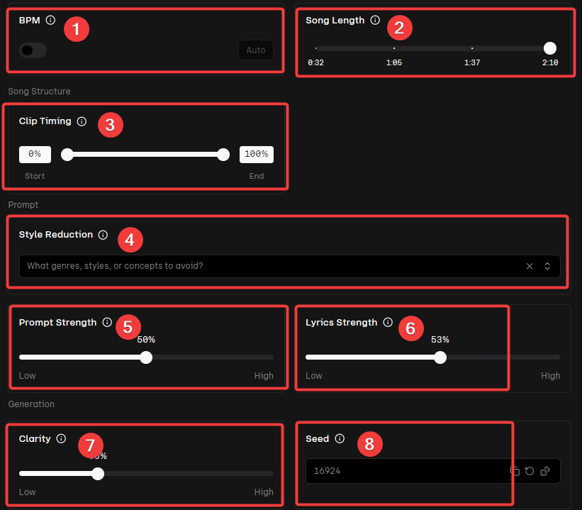 Панель расширенных настроек для генерации трека в Udio