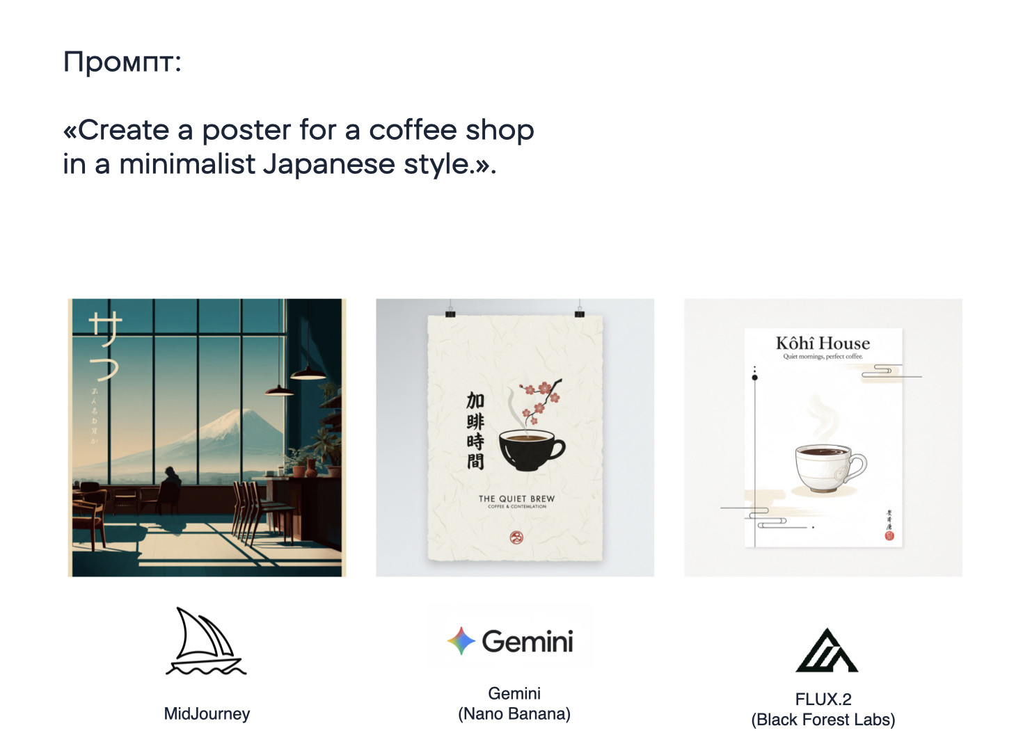 Пример: одинаковый простой промпт и разные варианты в Midjourney, Nano Banana и FLUX