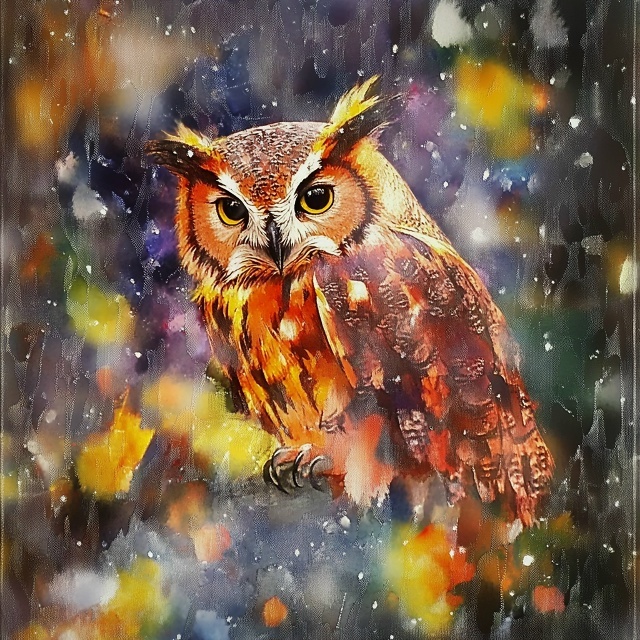 Рис. 3. Мой арт "Осенней дождливой ночью" в обработке под акварель – по версии Midjourney. Нейросеть вообще уверена, что мой сюжет был про сову?))