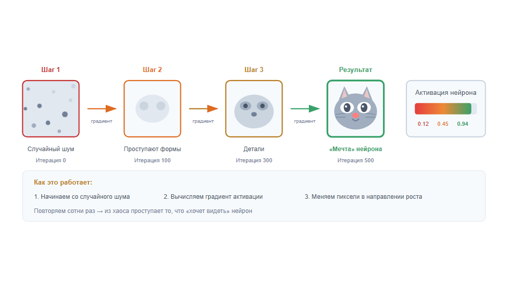 Из случайного шума постепенно проступает «мечта» нейрона
