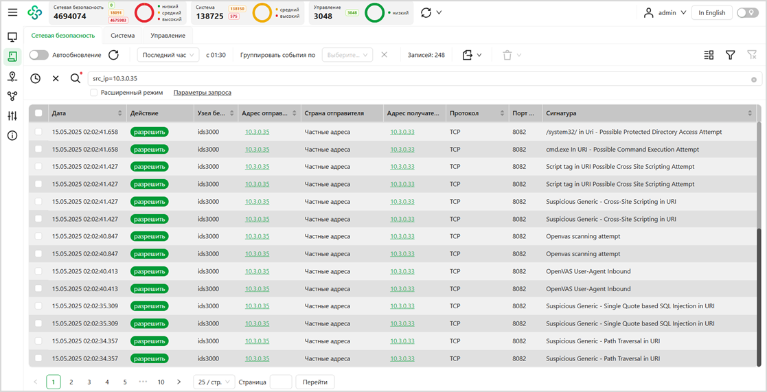 Рисунок 17 — Журнал событий ЦУС во время сканирования OpenVAS (Страница 1)-2