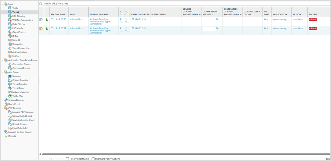 Рисунок 0‑1 Атака 1. Журнал событий NGFW Palo Alto