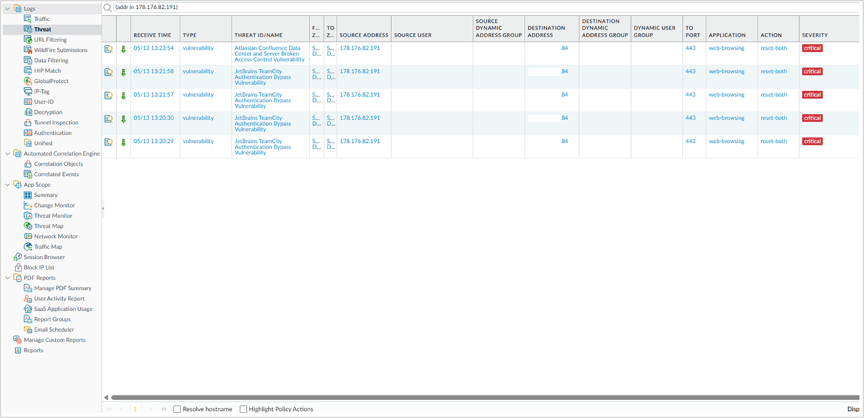 Рисунок 0‑3 Атака 2. Журнал событий NGFW Palo Alto