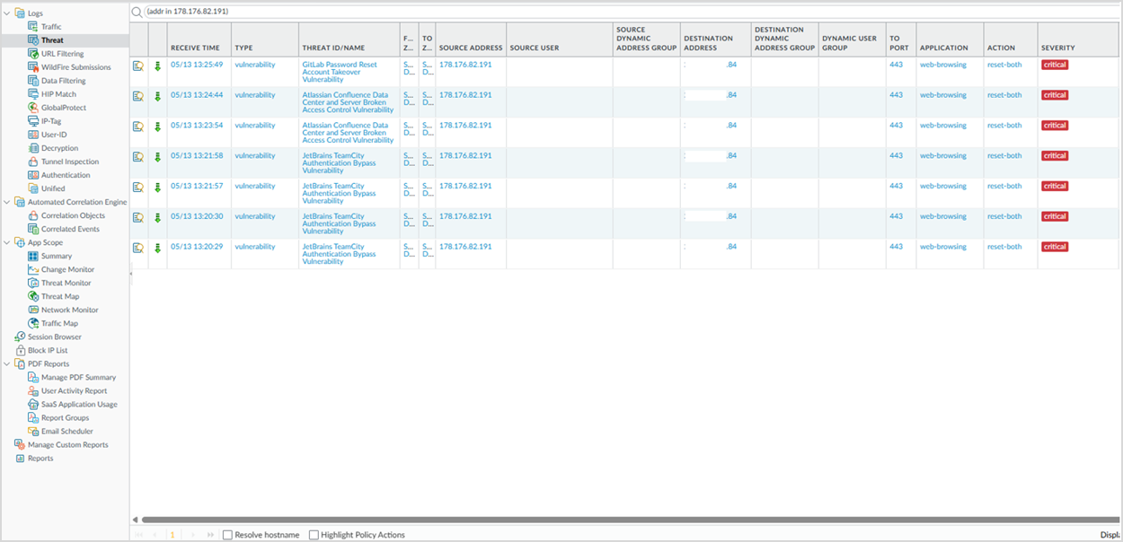 Рисунок 0‑4 Атака 3. Журнал событий NGFW Palo Alto