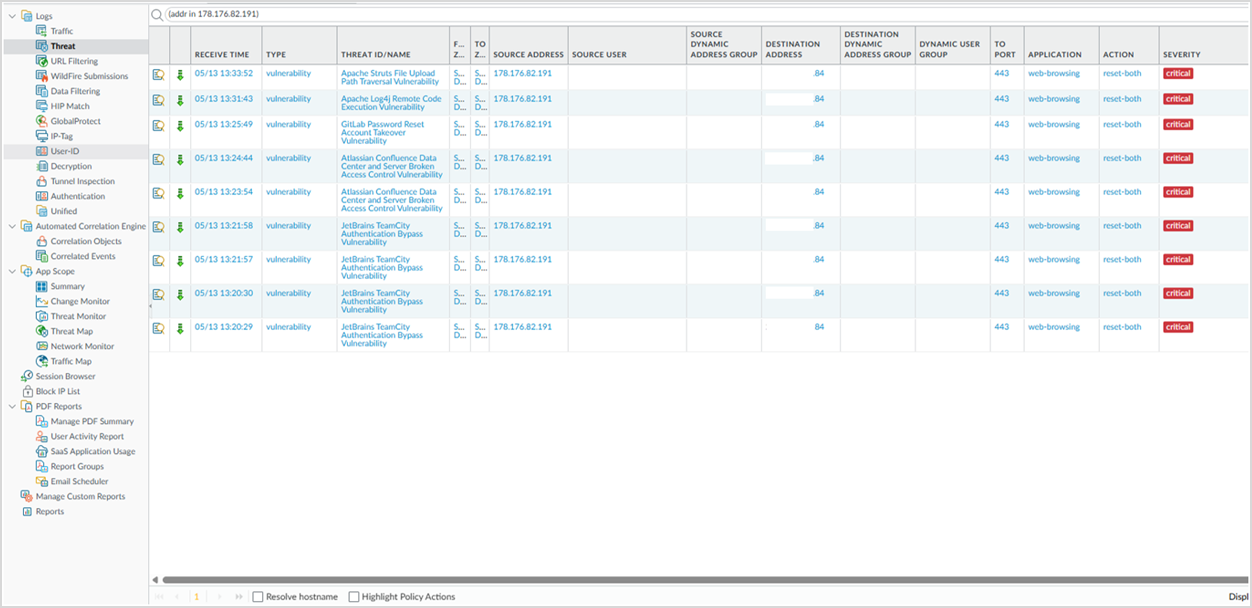 Рисунок 0‑8 Атака 5. Журнал событий NGFW Palo Alto