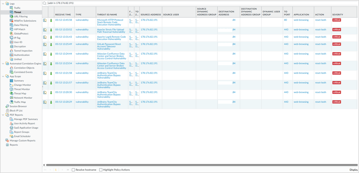 Рисунок 0‑11 Атака 7. Журнал событий NGFW Palo Alto