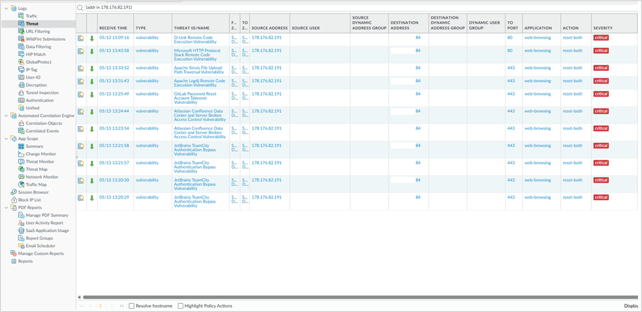 Рисунок 0‑15 Атака 10. Журнал событий NGFW Palo Alto
