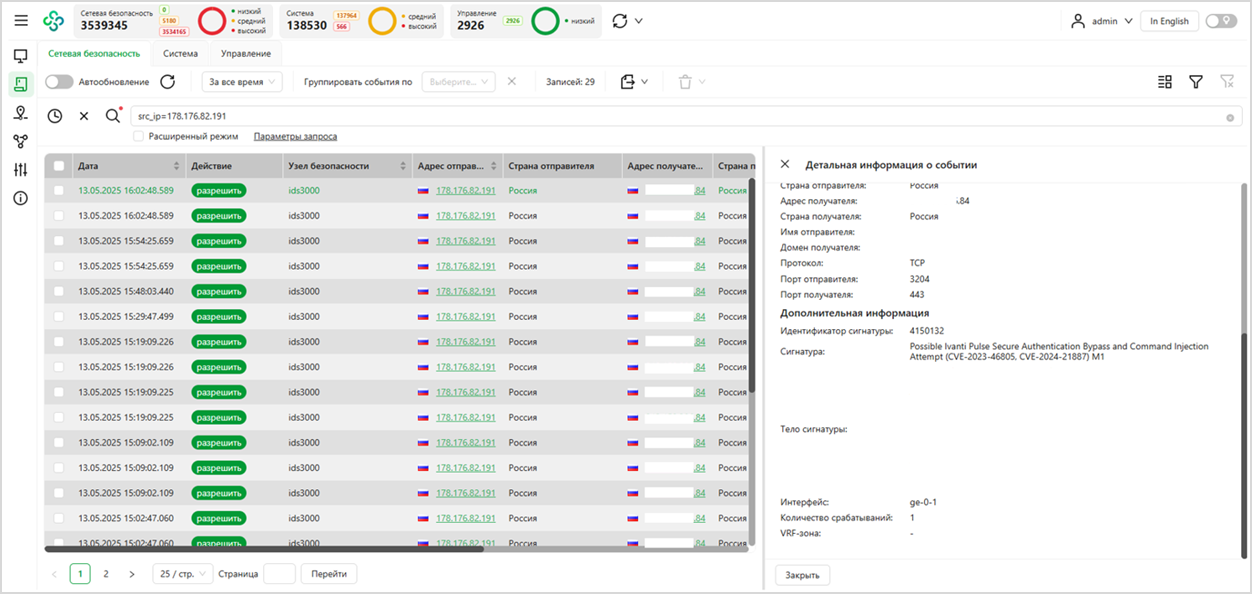 Рисунок 0‑24 Атака 15. Журнал событий Континент 4 «Детектор атак»