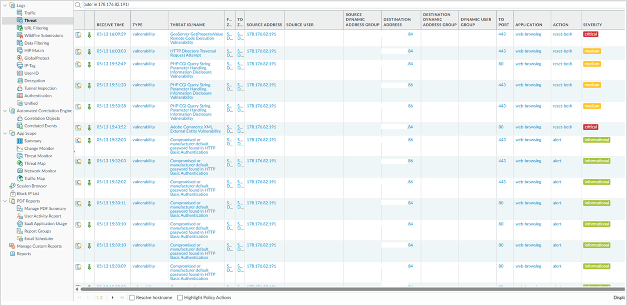 Рисунок 0‑25 Атака 16. Журнал событий NGFW Palo Alto