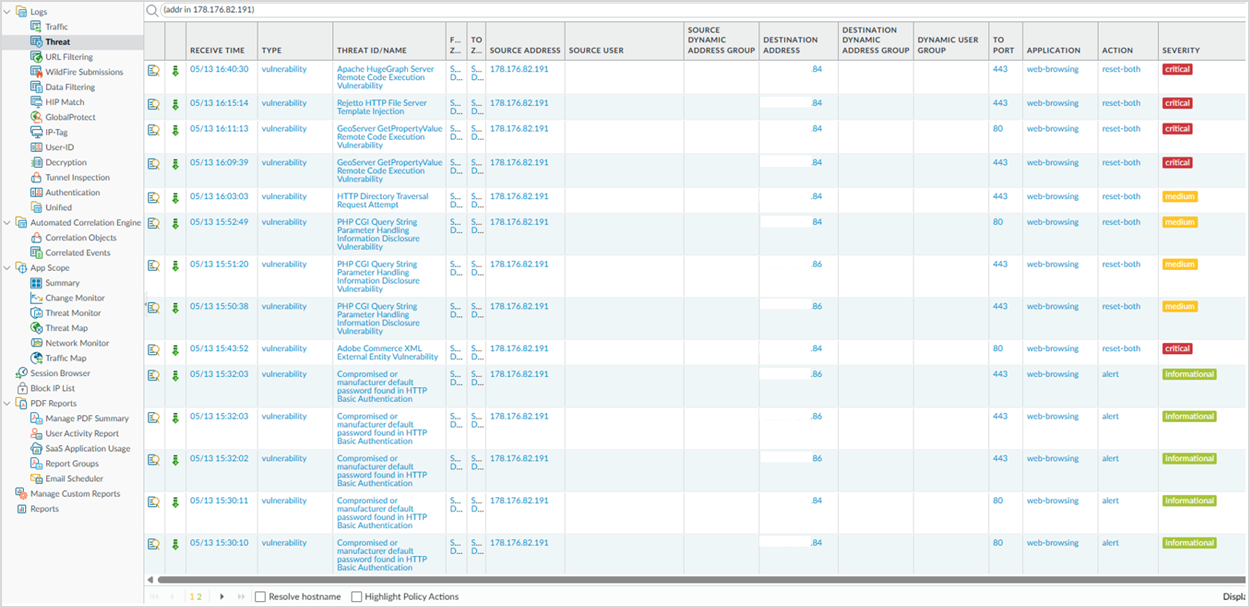 Рисунок 0‑29 Атака 18. Журнал событий NGFW Palo Alto