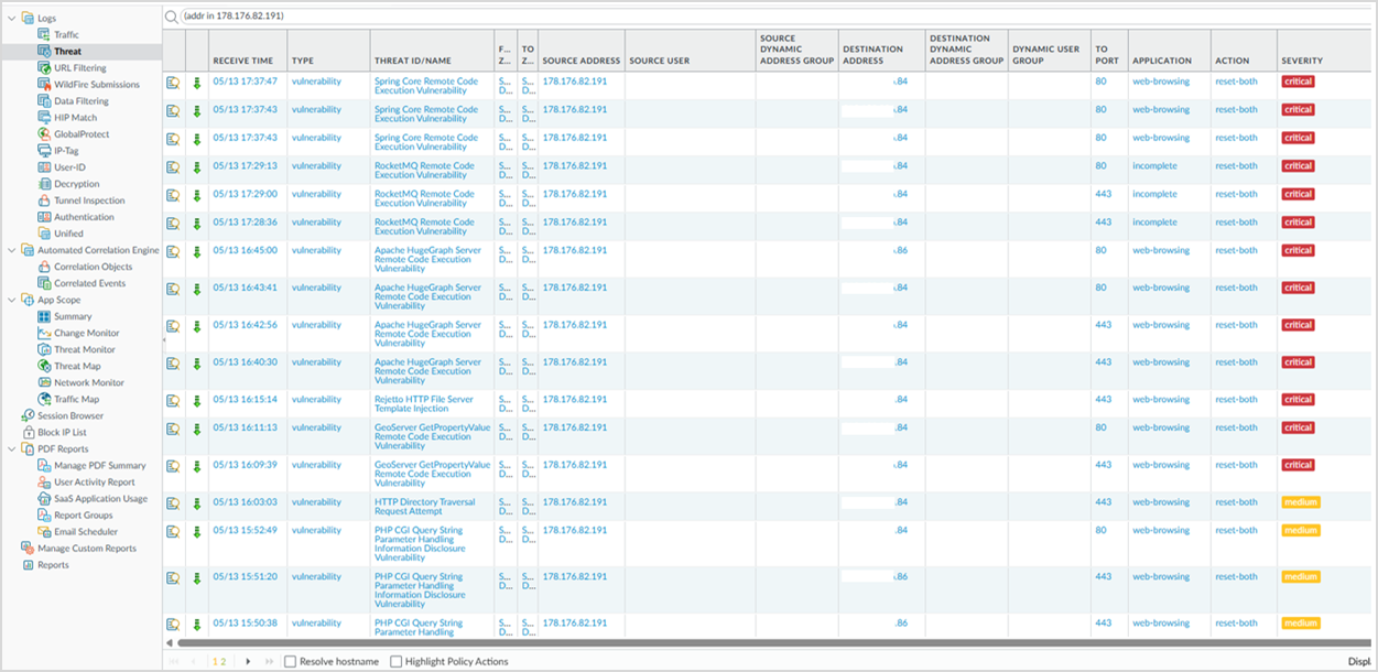 Рисунок 0‑33 Атака 21. Журнал событий NGFW Palo Alto