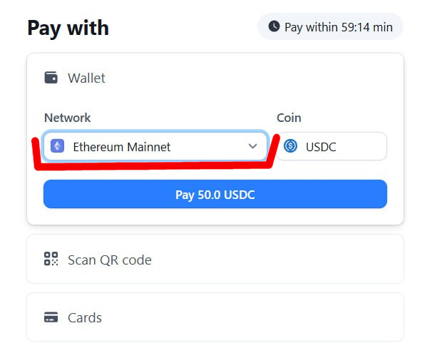 Рис. 9. Выбор сети блокчейна для оплаты