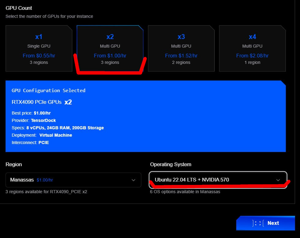 Рис. 12. Выбор инстанса и конфигурации GPU