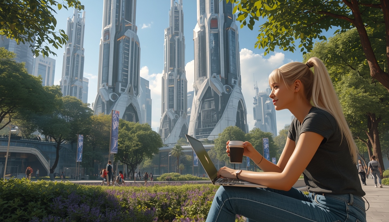 A futuristic city where technological elements of skyscrapers blend with tall trees. Foreground: a blonde girl with a laptop on her knees and a cup of coffee gazes into the distance. She has a smile on her face. Background: a futuristic park where people are walking. Sunny weather, lots of greenery. Style: cyberpunk.