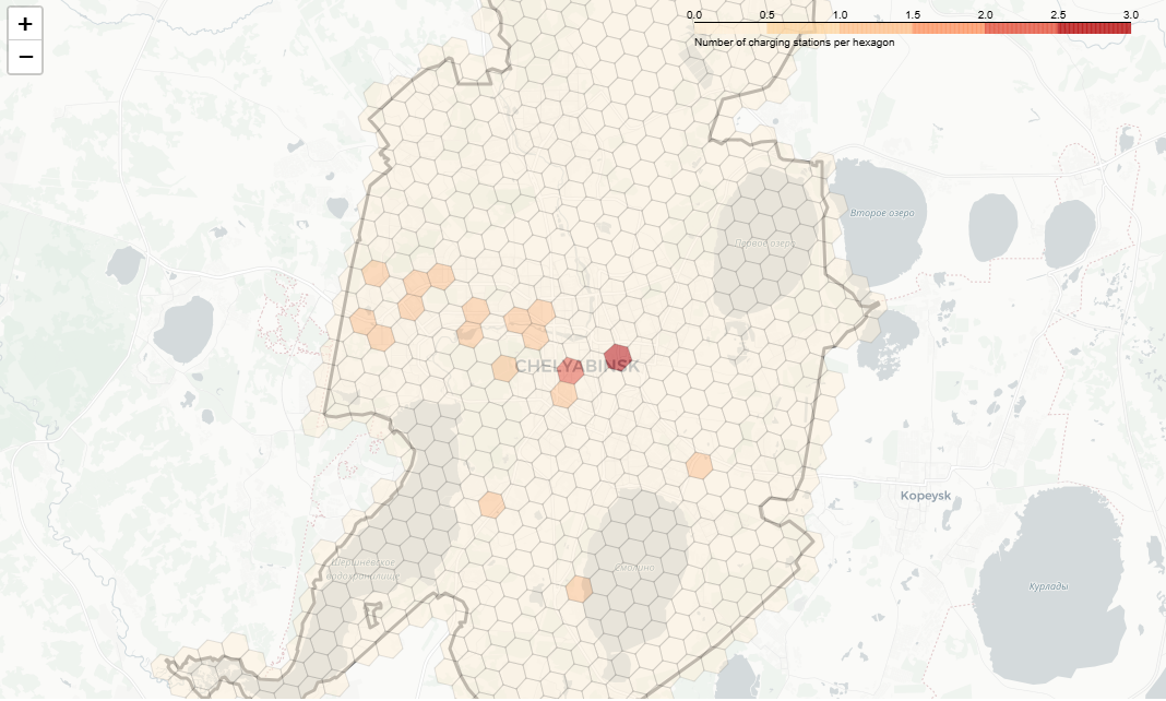 Рисунок 3. Результат расчета геоэмбеддинга количества ЭЗС на территорию Челябинска. Чем темнее гексагон, тем больше в нем расположено ЭЗС