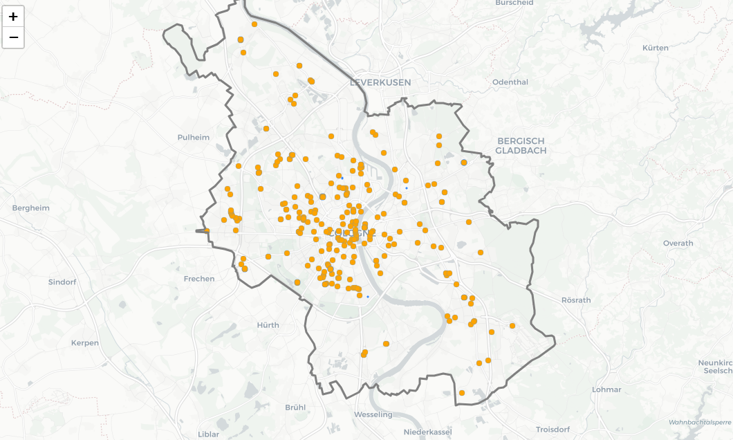 Рисунок 4. Желтыми точками отмечено расположение ЭЗС на территории города Кельн