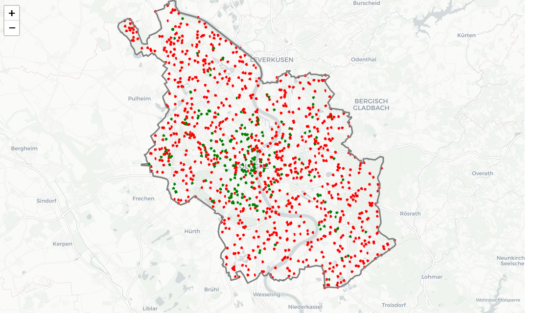 Рисунок 6. Позитивные локации (с ЭЗС) отмечены зеленым цветом, негативные (без ЭЗС) - красным