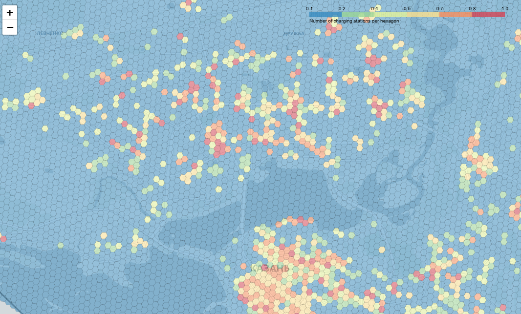 Рисунок 8. Результат применения обученной модели на другом городе. На шкале от 0 до 1 отмечена вероятность размещения ЭЗС в данной локации