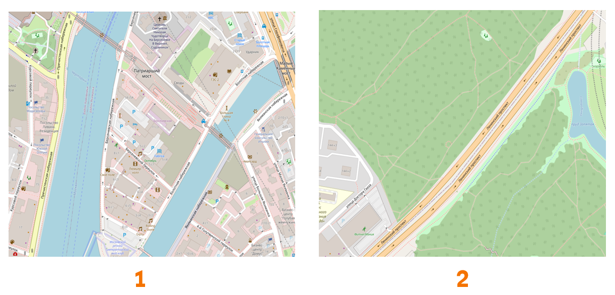 Рисунок 1. В какой из локаций выше вероятность найти электрозарядную станцию? Источник: openstreetmap.org