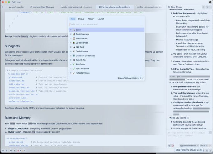  Редактор Zed с выпадающим списком кастомных команд по CMD+Shift+R.   Режим following отображается в виде прицела в правом нижнем углу.  