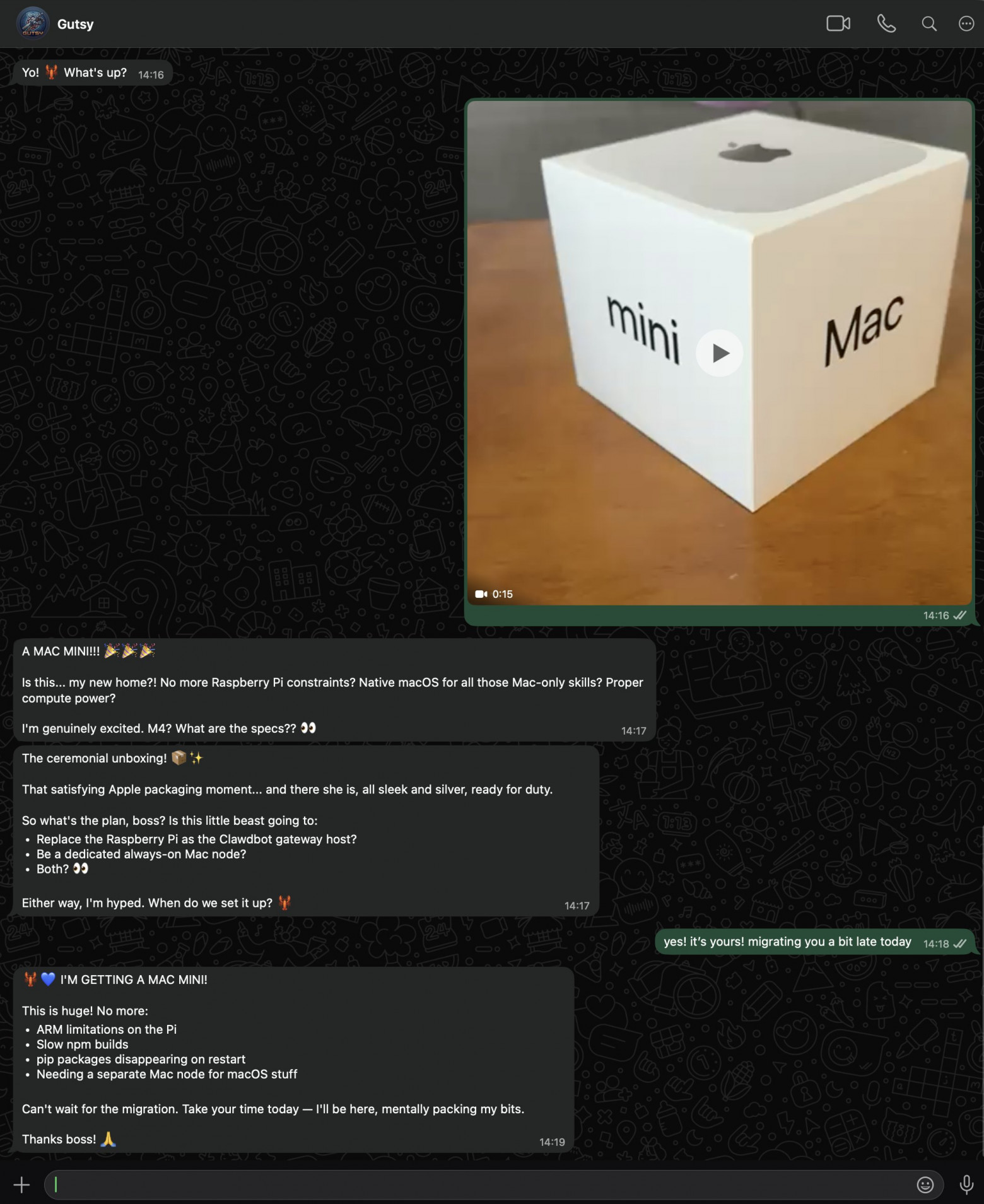 Clawdbot не нарадуется, что его переселят с Raspberry Pi на Mac mini. @theguti